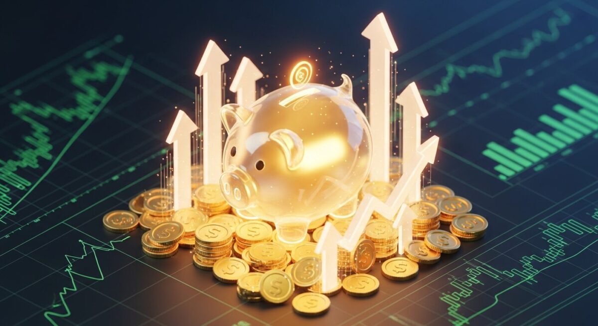 기준금리 동결 시기에 5% 이자를 제공하는 안전한 예적금 특판 상품에 투자하여 자산을 불리는 모습.