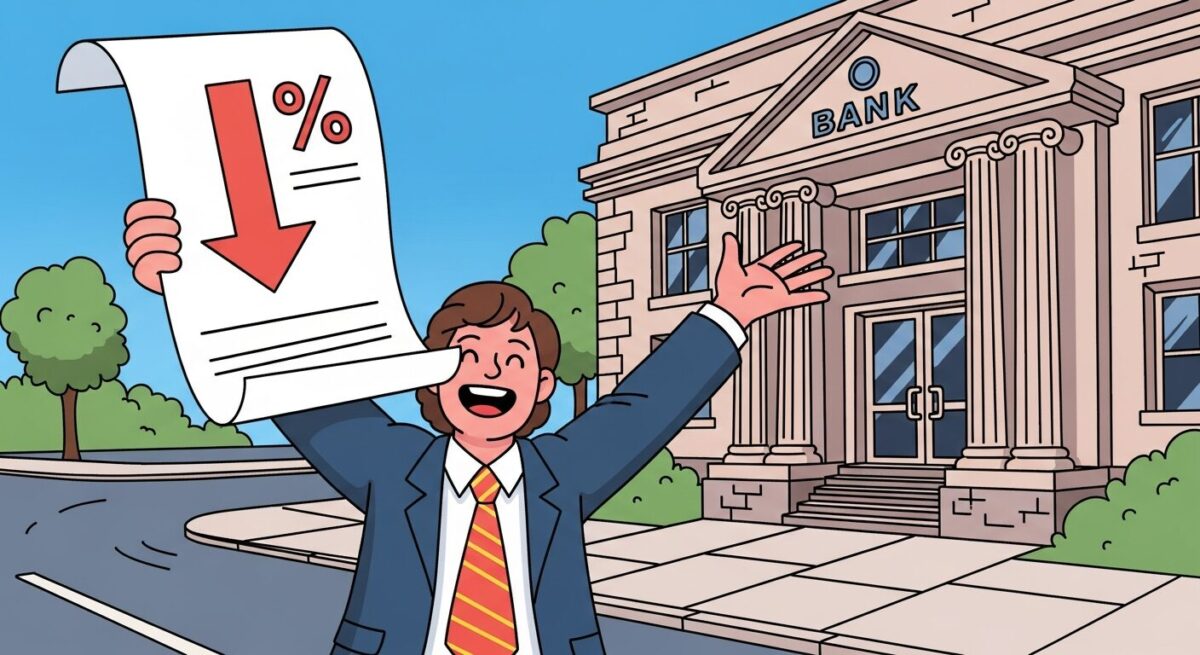 금리인하요구권 성공으로 대출 이자를 절약한 대출자의 기쁨을 표현한 일러스트