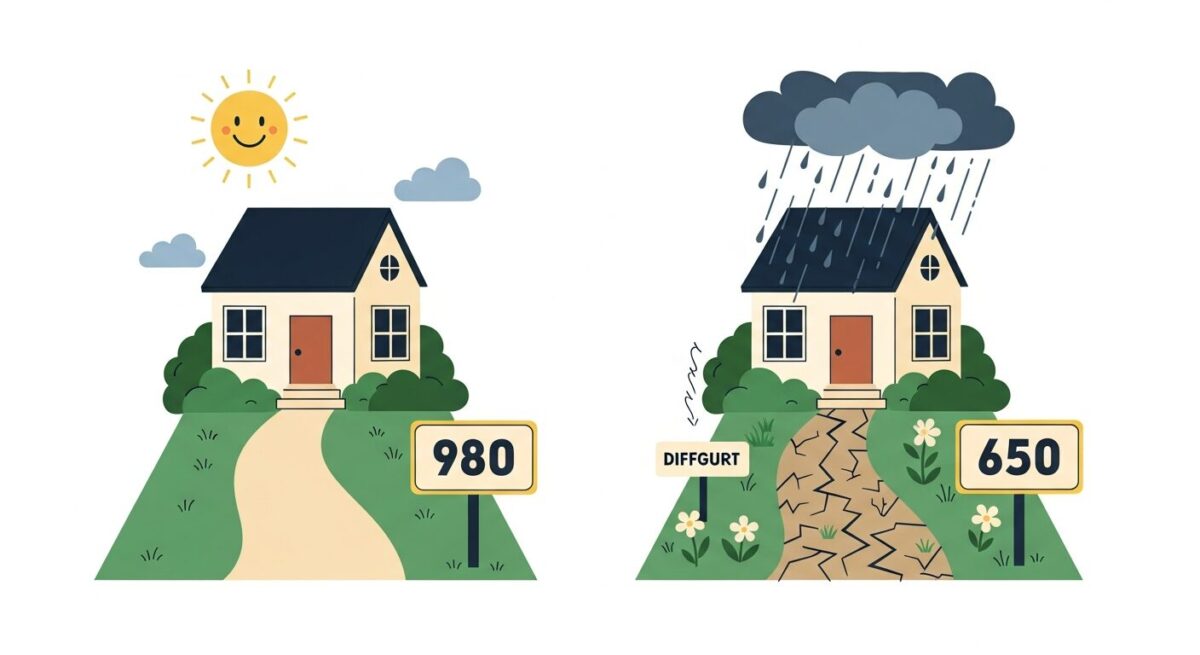 KCB, NICE 신용점수 차이에 따른 금융 혜택 비교 이미지, 높은 점수는 맑은 날씨의 집, 낮은 점수는 궂은 날씨의 집으로 표현