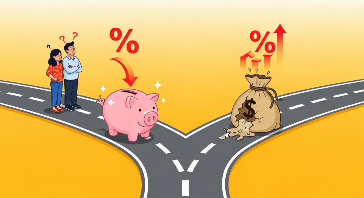 정부지원 정책대출과 은행 대환대출 자격 조건 사이에서 고민하는 맞벌이 부부의 선택을 묘사한 이미지.