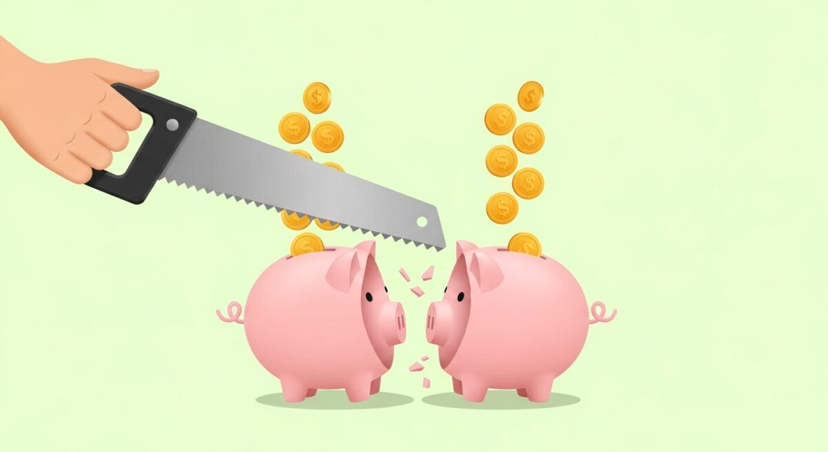 부동산 공동명의를 통한 종합부동산세 및 양도소득세 절세 효과를, 돼지 저금통이 둘로 나뉘어 각각 동전을 받는 모습으로 유쾌하게 표현한 이미지