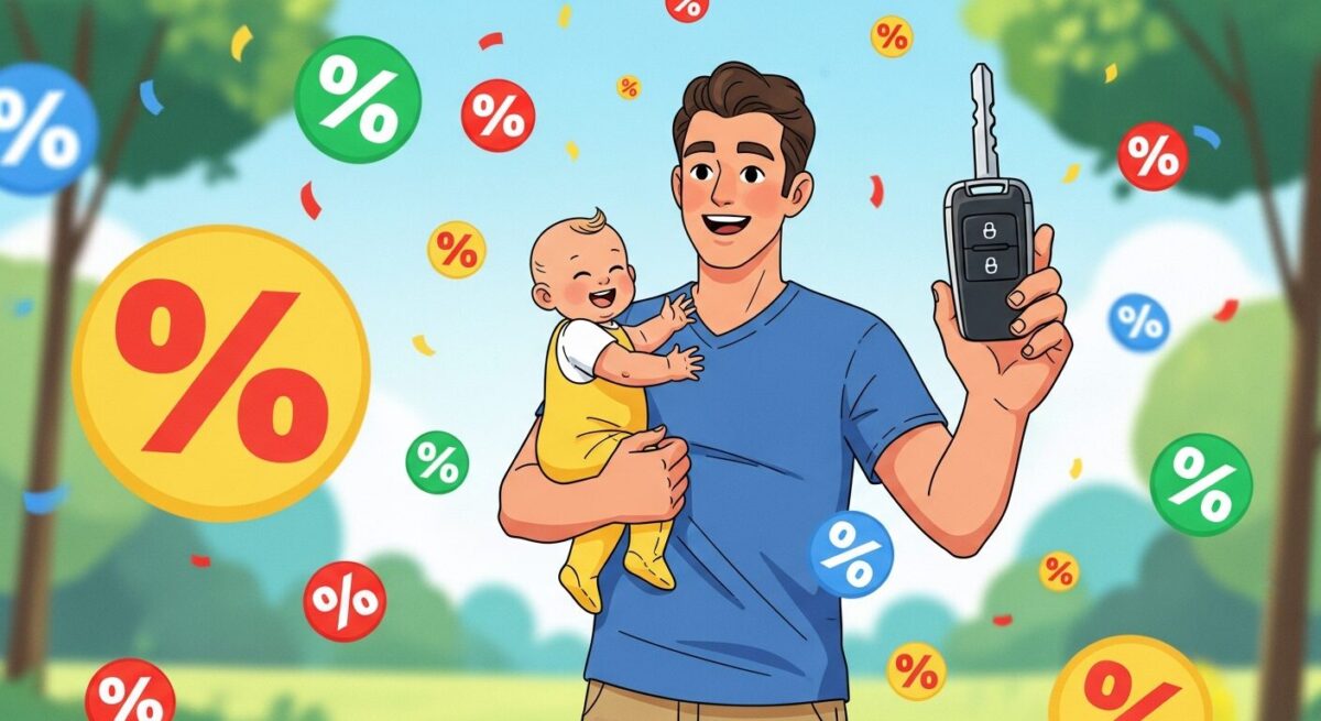 아빠가 아이를 안고 자동차보험료 자녀 할인 특약을 적용받아 기뻐하는 모습