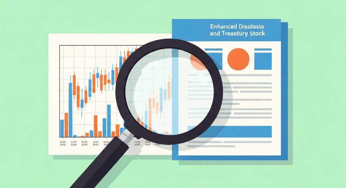자기주식 및 임원보수 공시 강화: 주식 차트와 급여 보고서를 확대경으로 검사하는 모습