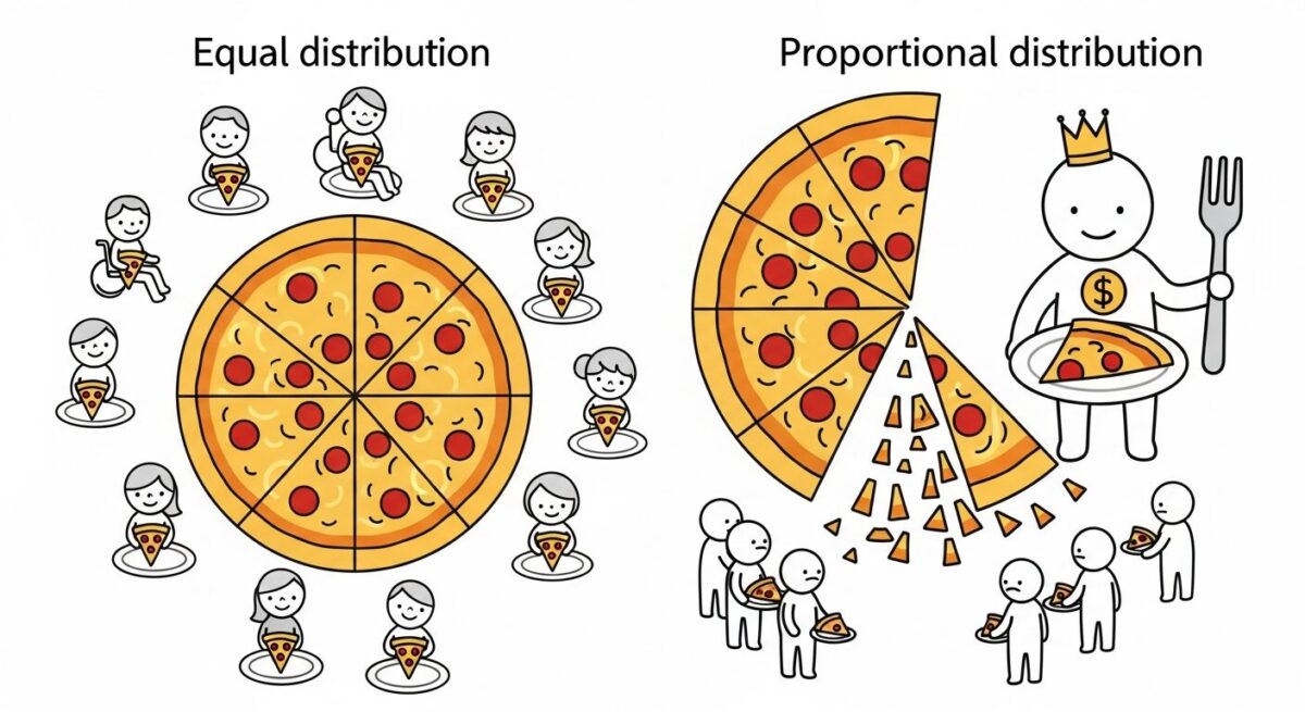 공모주 청약 균등배정과 비례배정 방식의 차이를 설명하는 도표