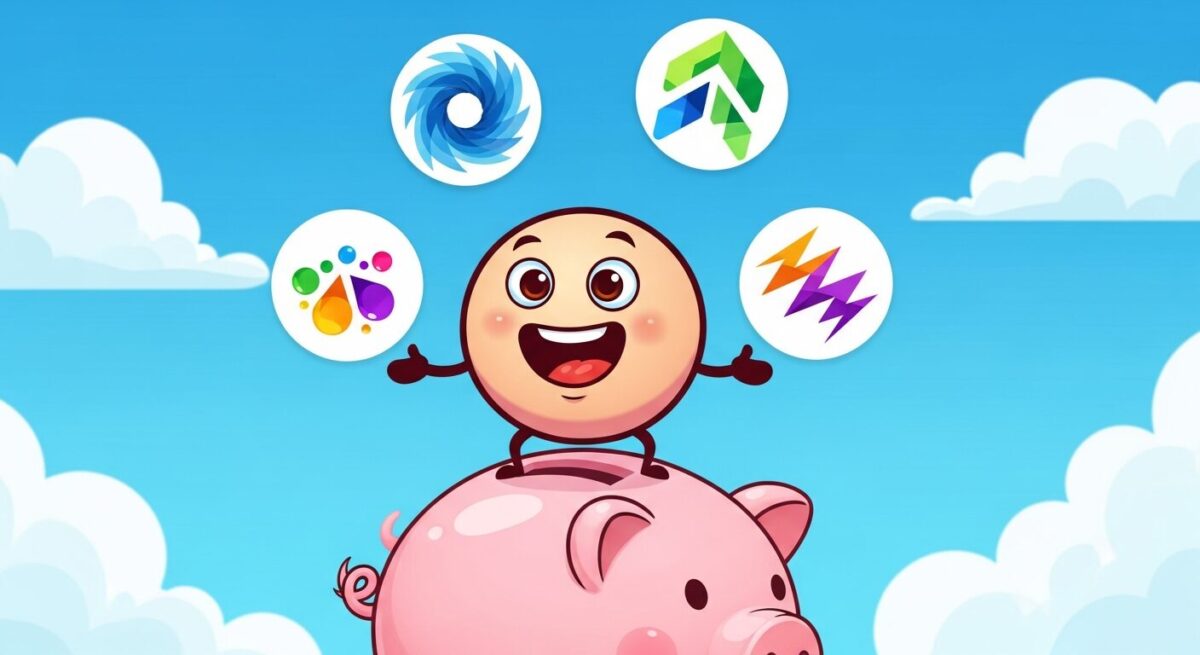 공모주 청약을 위해 여러 증권사 계좌를 비교하고 선택하는 모습. 돼지 저금통 위에서 여러 로고를 저글링하는 캐릭터.