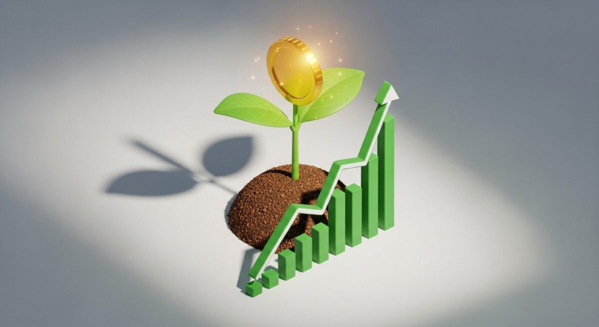 공모주 청약으로 수익을 내는 방법을 상징하는 이미지. 주식 그래프 위에서 동전이 열리는 새싹이 자라고 있다.