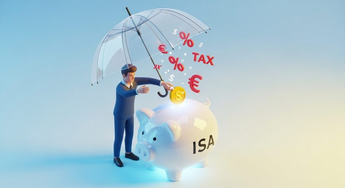 ISA 계좌의 절세 혜택을 상징하는 이미지. 한 직장인이 세금 비를 막아주는 ISA 우산 아래에서 저축하고 있다.