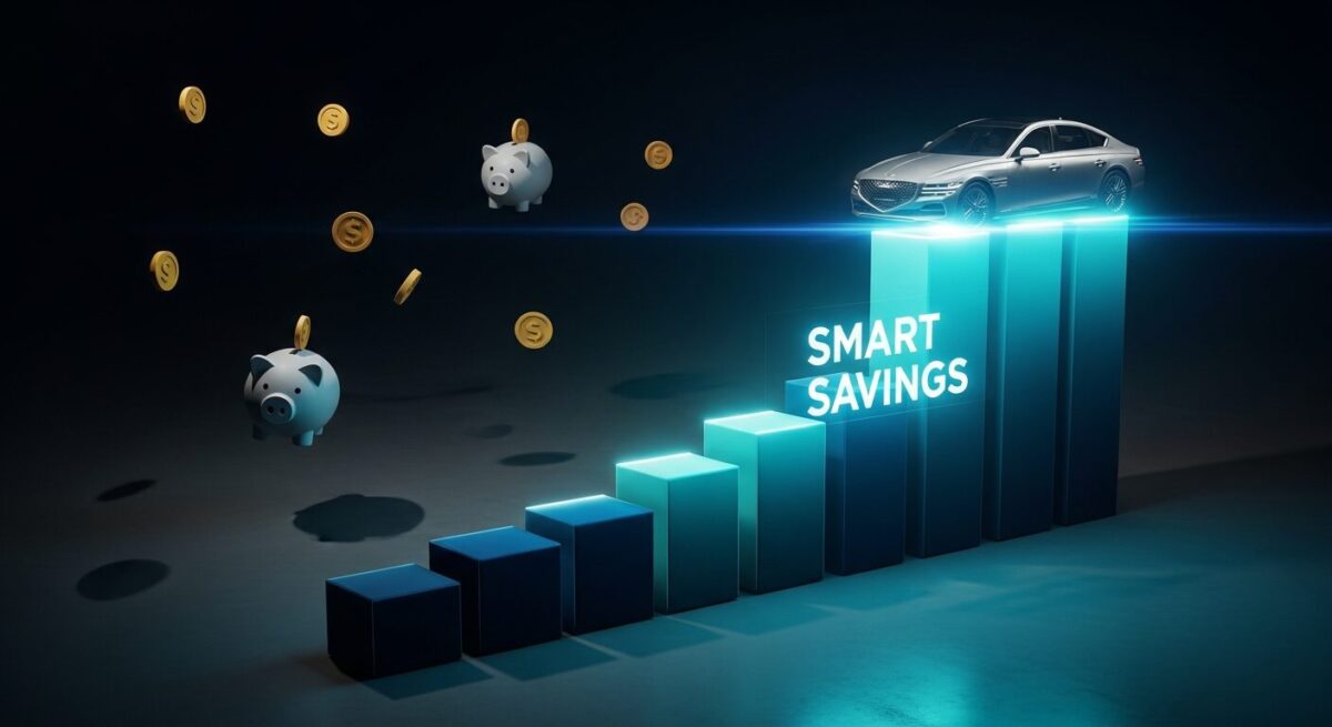 제네시스 G80 리스 비용 절약을 상징하는 금융 그래프 위의 자동차 이미지