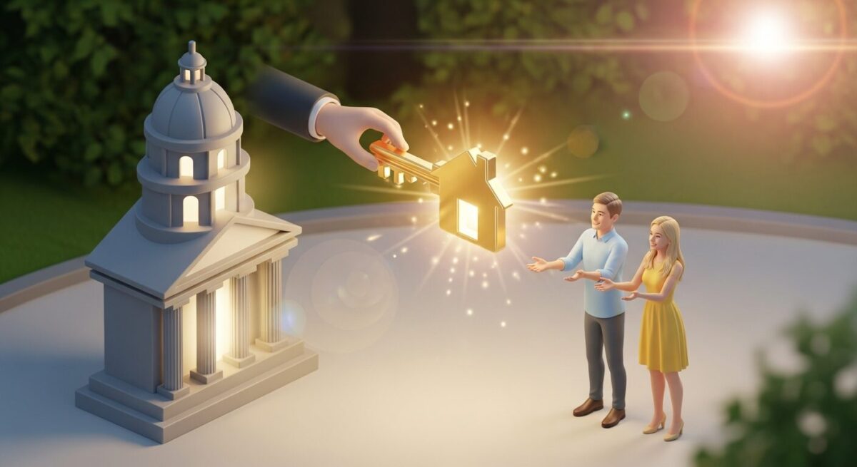 생애최초 주택담보대출을 받는 신혼부부가 정부 지원 상품으로 내 집 마련의 꿈을 이루는 모습.