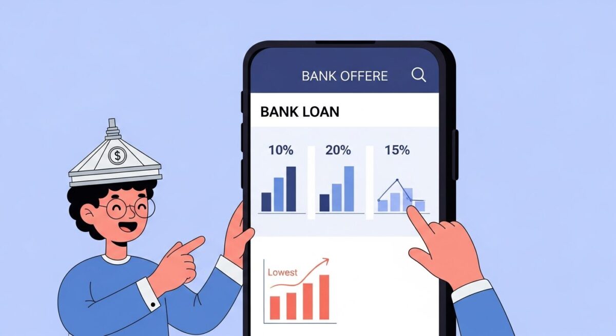 온라인 대환대출 플랫폼에서 주택담보대출 금리를 비교하여 최저 금리를 찾는 과정을 보여주는 스마트폰 이미지
