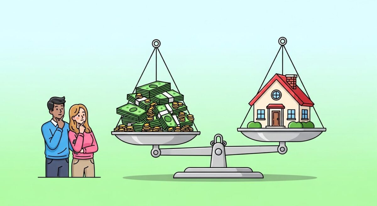 현금 증여와 부동산 증여의 장단점을 비교하는 저울 이미지. 젊은 부부가 선택을 고민하고 있다.