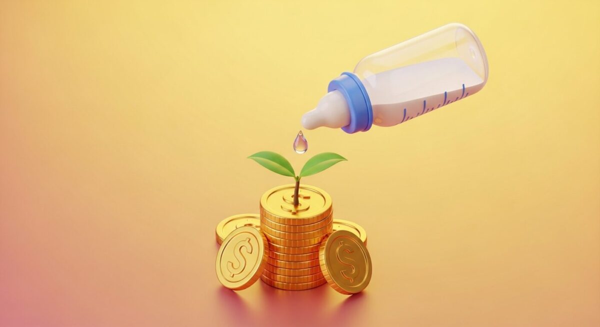 부모급여를 아이의 미래 자산으로 키우는 방법을 나타내는 이미지. 금화 더미에서 자라나는 새싹.