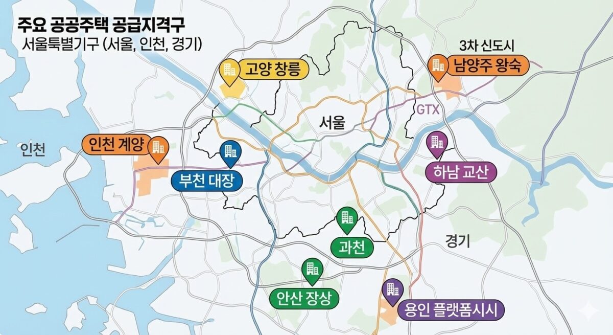 수도권 공공주택 공급 지구를 표시한 지도 이미지