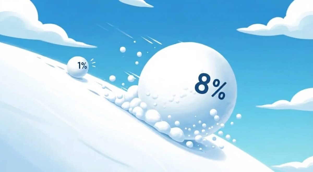 퇴직연금 DC형의 낮은 수익률과 높은 수익률의 차이를 보여주는 작은 눈덩이와 거대한 눈덩이 비교 이미지