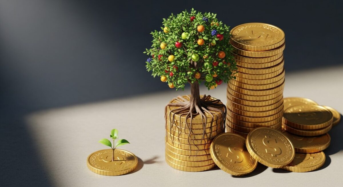 퇴직연금 DC형 장기 투자의 복리 효과를 상징하는 금화 위에서 자라나는 나무 일러스트