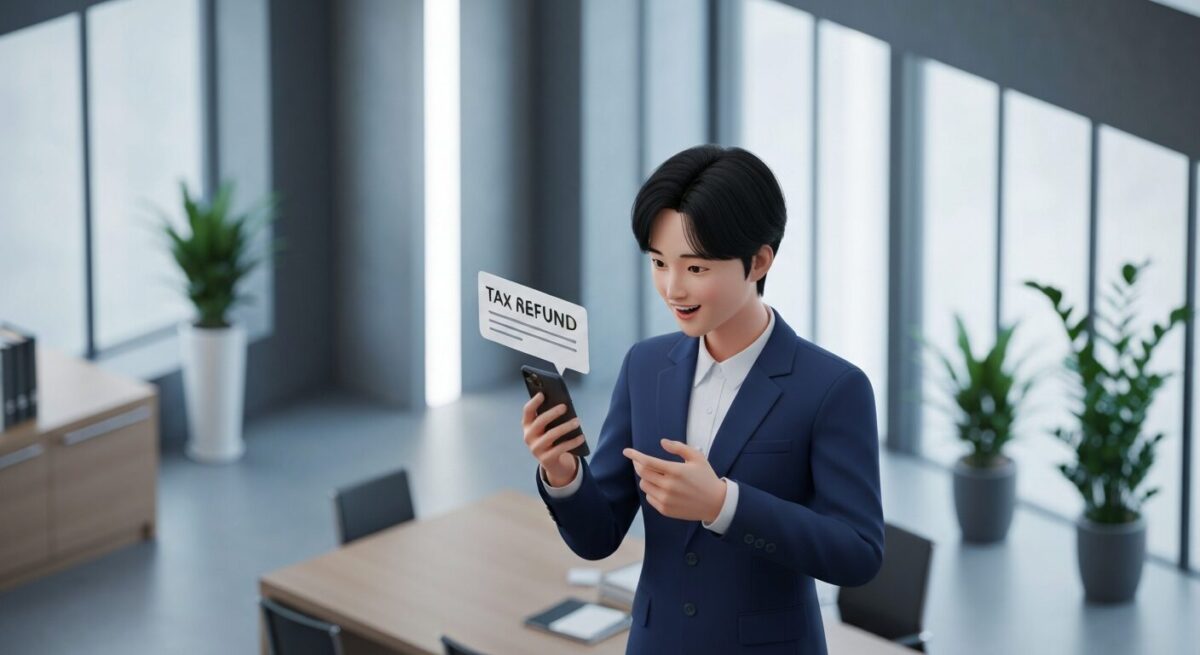 2026년 연말정산 환급금을 스마트폰으로 확인하고 기뻐하는 직장인