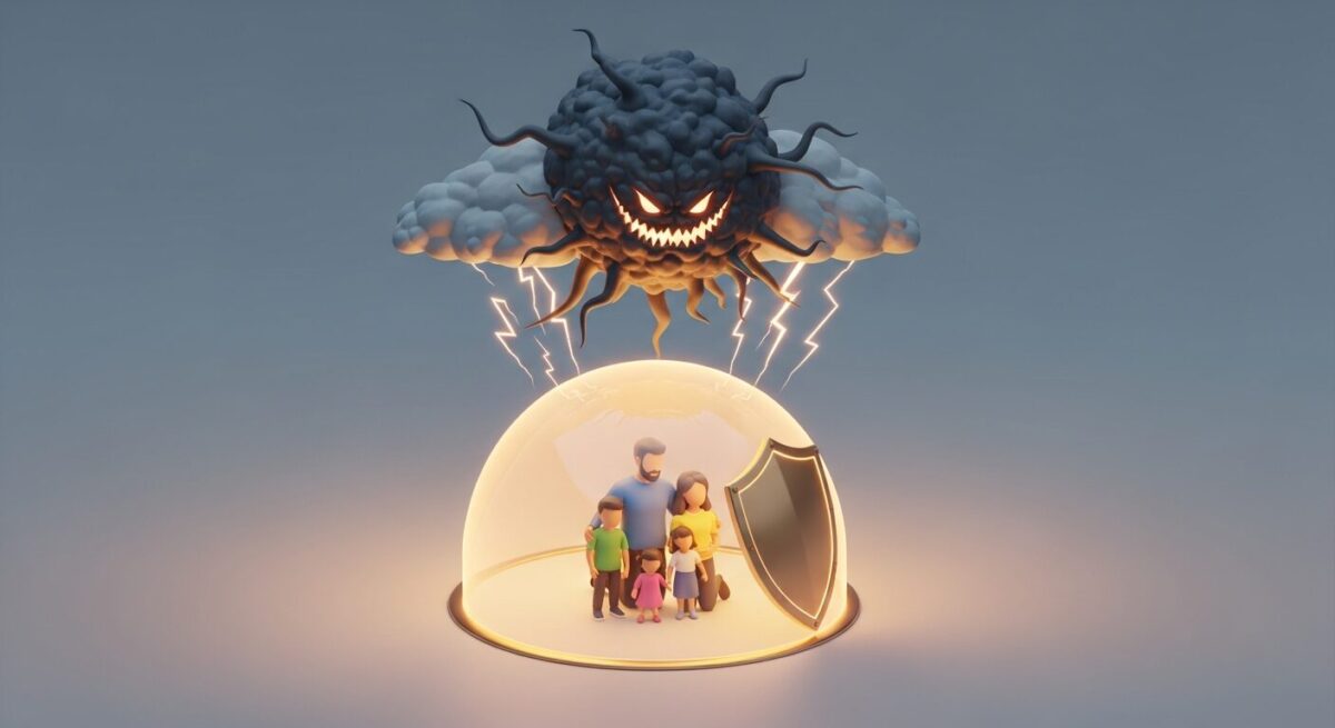 40대 암보험 진단비 1억 설계 시 비갱신형 보험으로 가정을 든든하게 지키는 모습을 상징하는 이미지