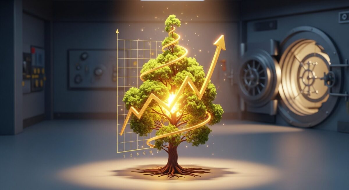 40대 연금보험의 10년 비과세 복리 효과를 상징하는 성장하는 나무와 금융 그래프 이미지