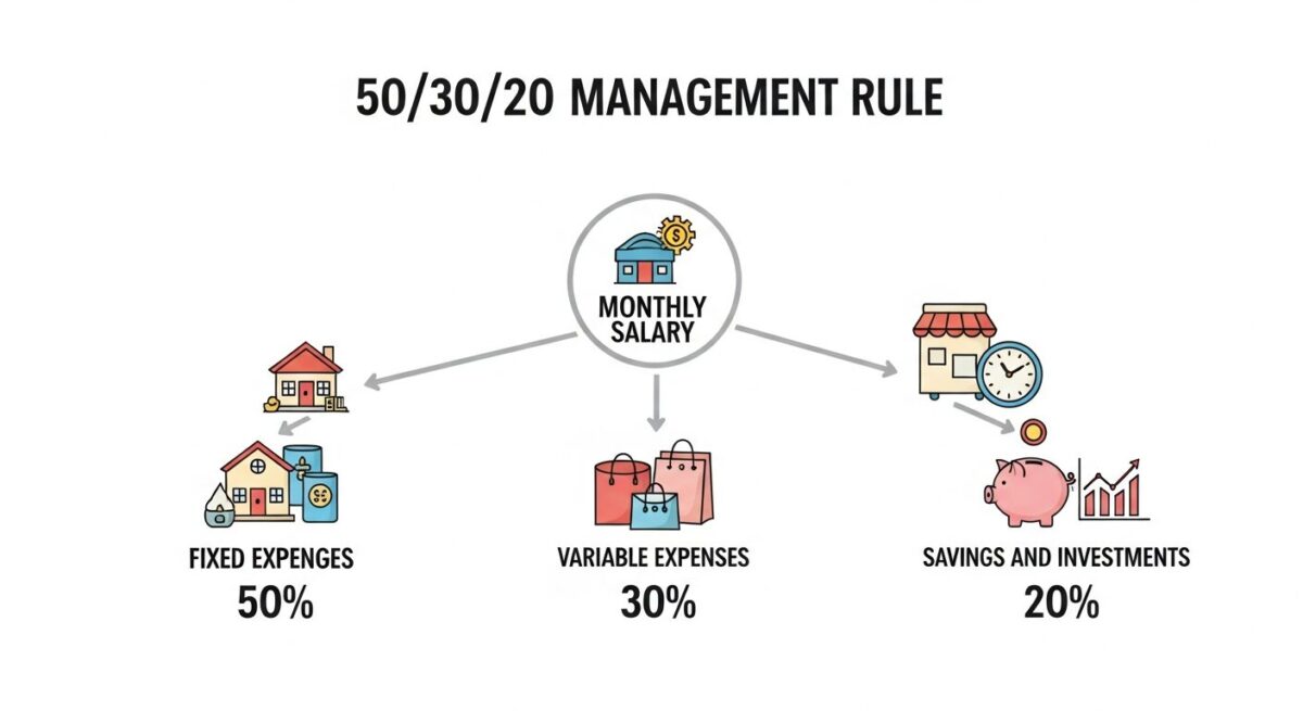 50/30/20 예산 관리법을 보여주는 인포그래픽. 월급이 고정 지출 50%, 변동 지출 30%, 저축 및 투자 20%로 나뉘는 것을 시각적으로 설명하고 있다.