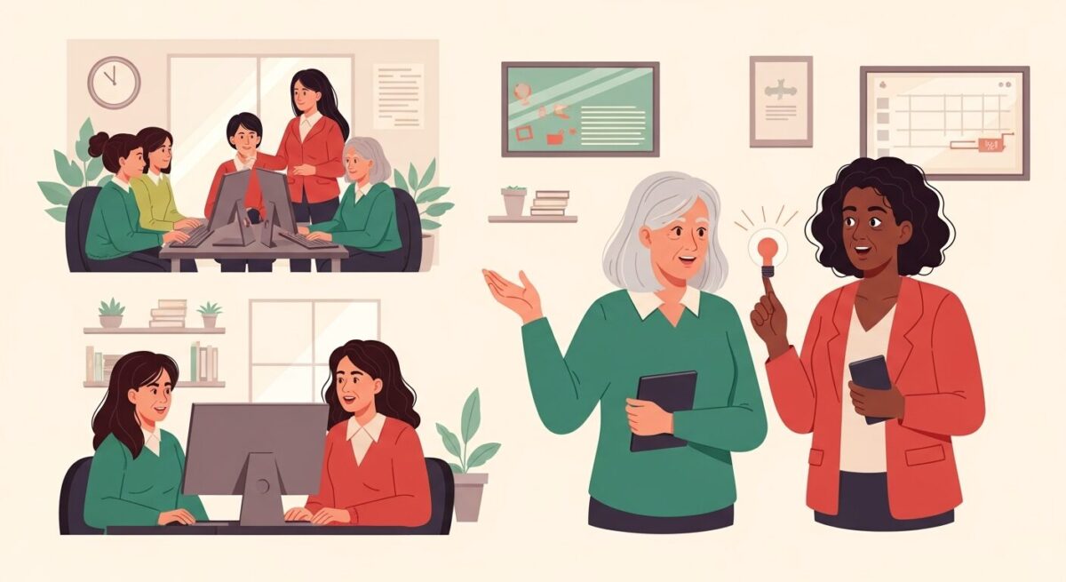 여러 50대, 60대 여성들이 정부의 재취업 지원 프로그램을 통해 함께 컴퓨터를 배우고 창업 아이디어를 논의하는 등 새로운 도전을 준비하는 활기찬 모습.