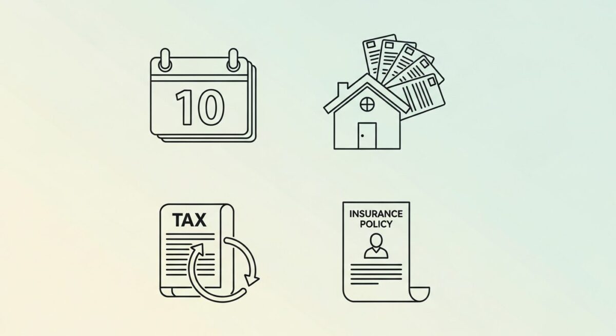 상속세 절세를 위한 4가지 전략을 나타내는 아이콘. 10년 단위 사전 증여, 부담부 증여, 상속세 연부연납, 종신보험 활용을 상징한다.