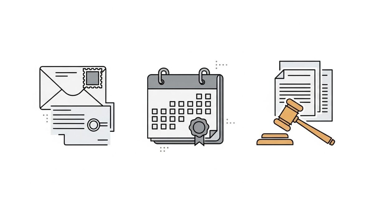 차용증의 법적 효력을 강화하는 내용증명, 확정일자, 공증 세 가지 방법을 각각 상징하는 아이콘.