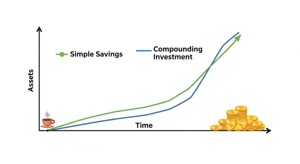 복리 효과를 설명하는 그래프. 시간이 흐를수록 단순 저축에 비해 복리 투자의 자산이 기하급수적으로 증가하는 모습을 보여주며 장기 투자의 중요성을 강조한다.