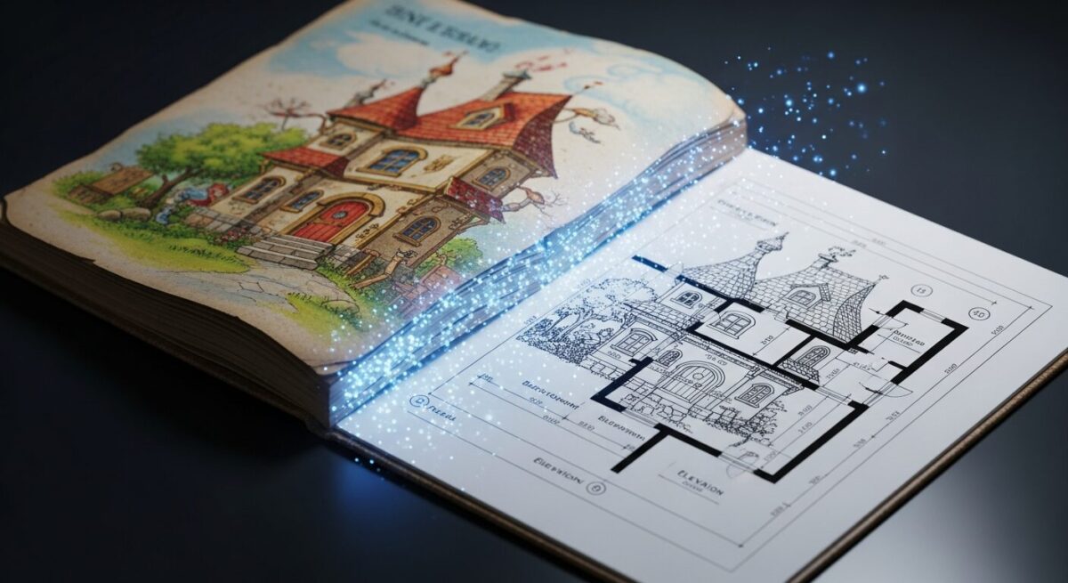 오래된 동화책이 현대적인 집 설계도로 변하는 이미지, 20살 자녀보험의 성인보험 전환을 상징