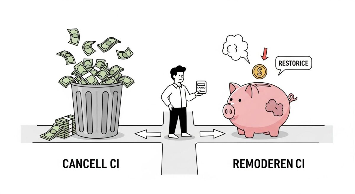 CI보험 해지와 리모델링 선택의 기로를 나타내는 이미지. 한쪽 길은 돈을 버리는 길, 다른 길은 저금통을 수리하여 더 튼튼하게 만드는 길로 표현됨.