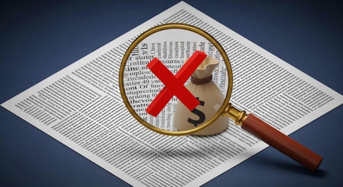 40대 CI보험 약관의 '중대한' 질병 함정을 분석하는 이미지. 돋보기로 보험 서류를 들여다보고 있으며, 돈주머니에 X표시가 되어 있어 보험금 지급 거절 위험을 상징.