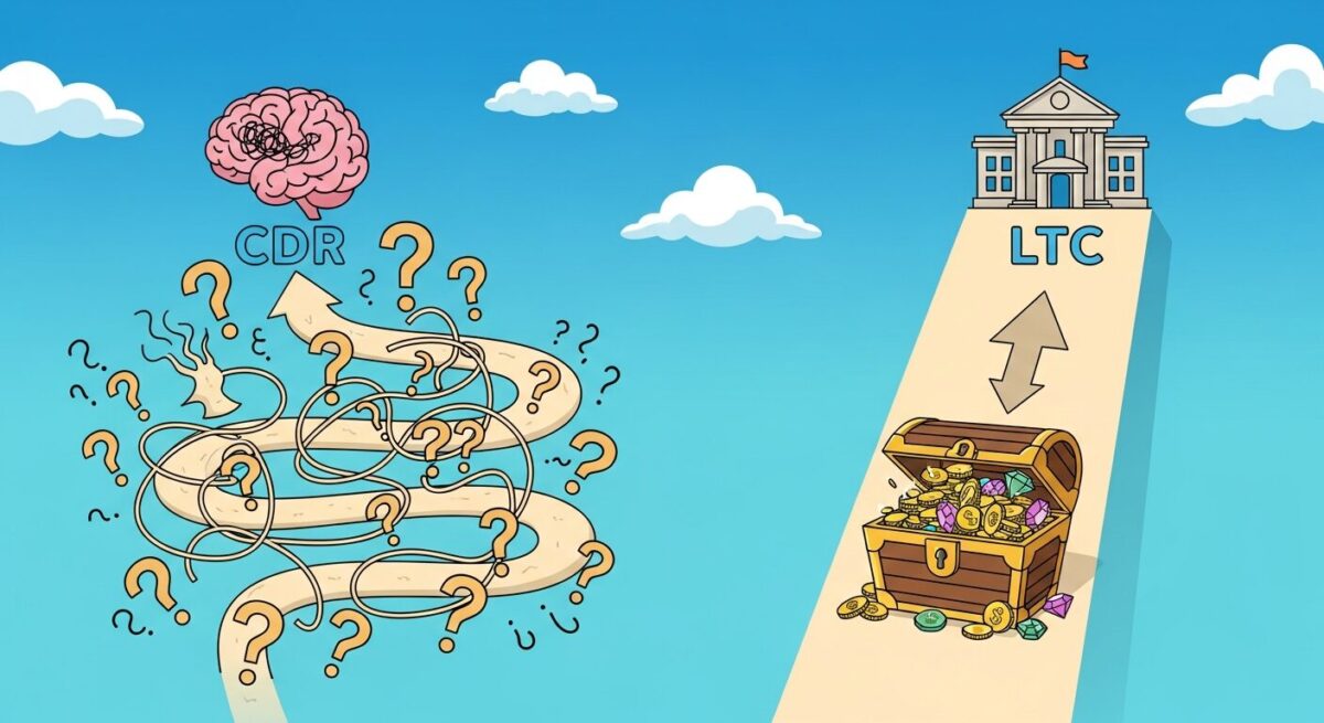 CDR척도와 장기요양등급(LTC)의 차이점을 보여주는 그림. 복잡한 CDR 경로와 명확한 LTC 경로를 비교하며 어떤 치매보험을 선택해야 하는지 알려줍니다.