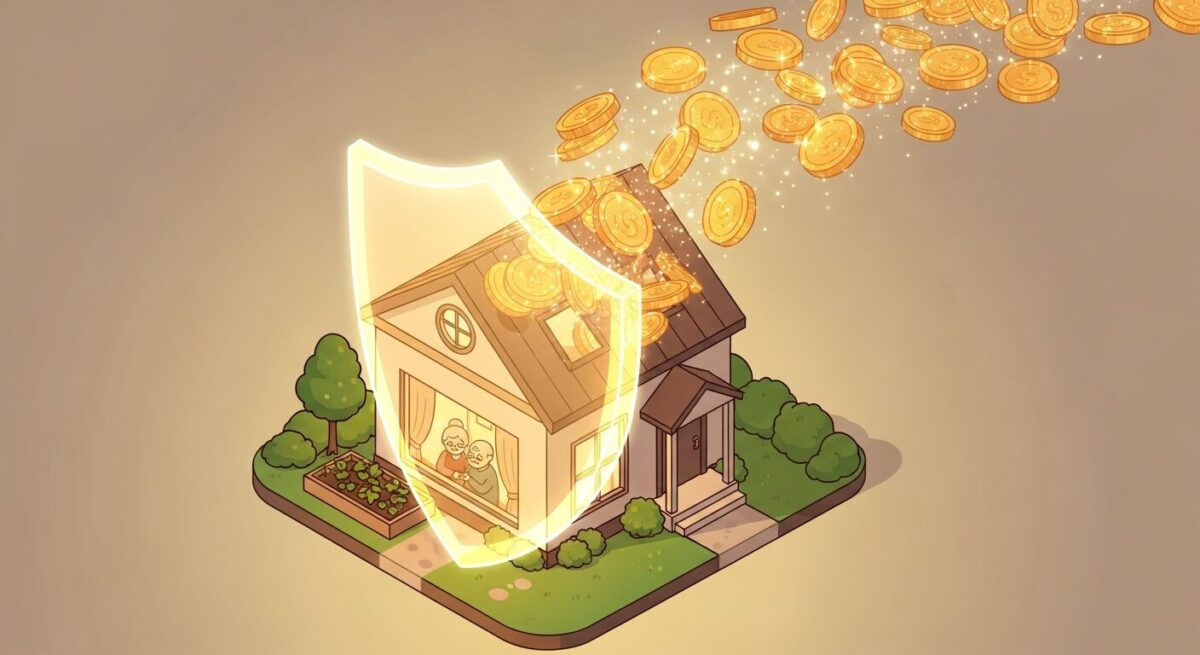 부모님 치매보험의 중요성을 나타내는 이미지. 집을 보호하는 방패와 금화가 장기요양등급(LTC) 보장을 통한 간병비 해결을 상징합니다.