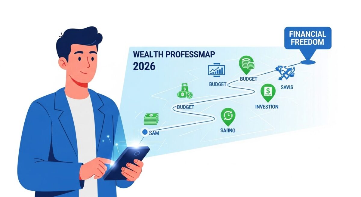 An illustration of a young professional starting their financial journey. They are looking at a glowing, digital roadmap projected from a smartphone, which shows a clear path with financial icons leading to the goal of 'Financial Freedom', symbolizing a guided and optimistic approach to personal finance.