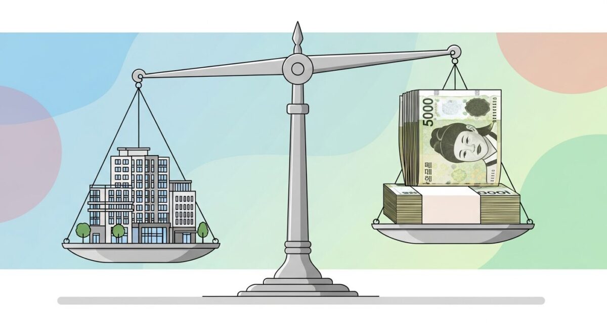 아파트와 현금 상속 중 무엇이 더 유리한지 고민하는 모습을 상징하는 이미지. 저울의 한쪽에는 아파트 모형이, 다른 한쪽에는 현금 다발이 올려져 있다.