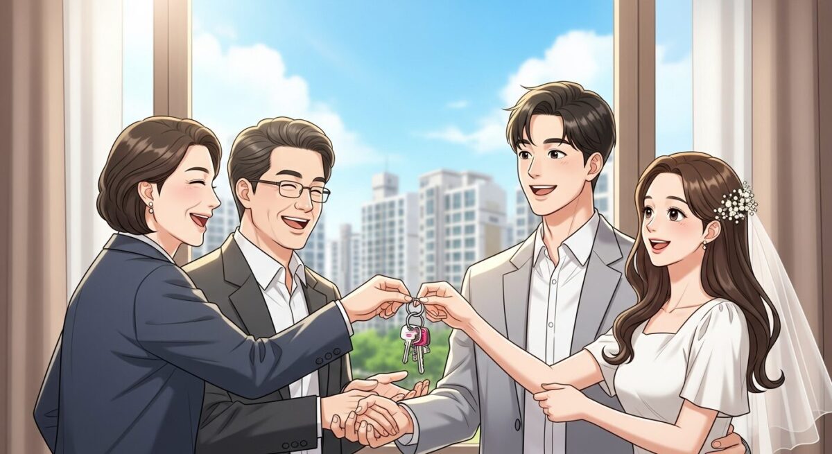 부모로부터 집 열쇠를 선물받는 젊은 부부의 모습. 2026년 자녀 증여세 공제 한도와 내 집 마련 지원을 상징한다.