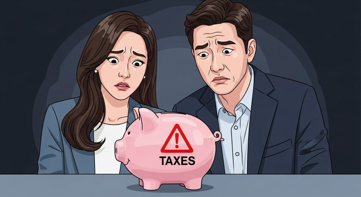 세금 폭탄의 위험을 상징하는 경고 표시가 붙은 아이의 돼지 저금통을 걱정스럽게 바라보는 부모의 모습.