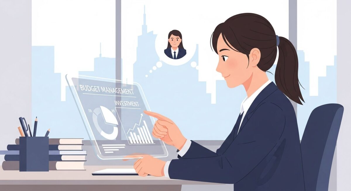 한 사회초년생이 미래 금융 계획을 세우며 밝은 표정으로 디지털 기기를 보고 있다. 화면에는 성장하는 그래프가 나타나 있어 성공적인 재테크의 시작을 상징한다.