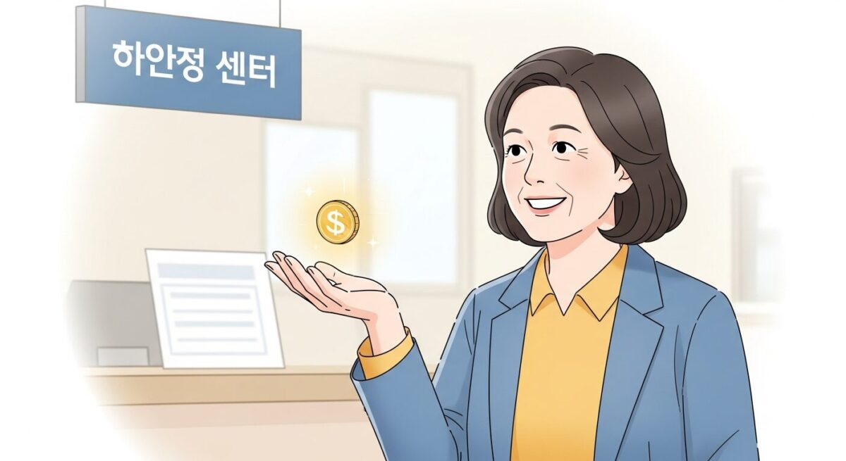 55세 이상 숨은 환급금 찾기. 행정복지센터에서 상담을 받으며 혜택을 발견하고 기뻐하는 중년 여성의 모습.