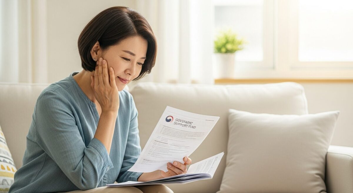 정부 지원금 서류를 들고 희망적으로 미소 짓는 50대 여성의 일러스트. 의료, 재취업, 주거, 연금 등 다양한 국가 혜택을 통해 안정된 노후를 맞이하는 긍정적인 모습을 상징합니다.