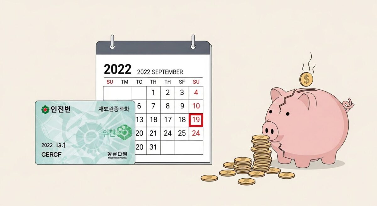 2022년 9월 건강보험료 개편으로 인한 재정적 부담 증가를 상징하는 이미지. 건강보험증과 2022년 9월 달력, 그리고 동전이 빠져나오는 금 간 돼지 저금통이 그려져 있습니다.