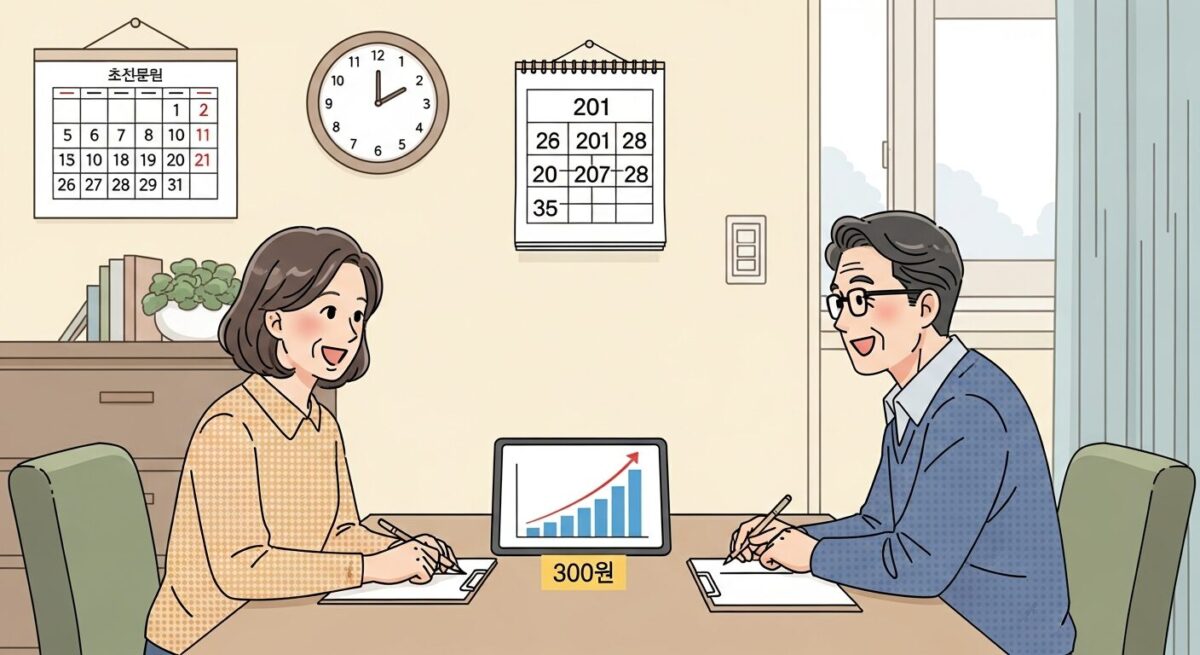 남편의 은퇴를 앞두고 월 300만원 연금 설계를 하며 희망찬 미래를 그리는 중년 부부의 모습.