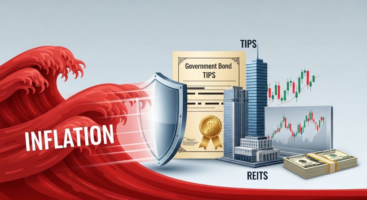 An illustration showing a glowing shield protecting a portfolio of financial assets, including a bond, a building, a stock chart, and US dollars, from a large red wave labeled "INFLATION," symbolizing investment strategies to hedge against inflation.