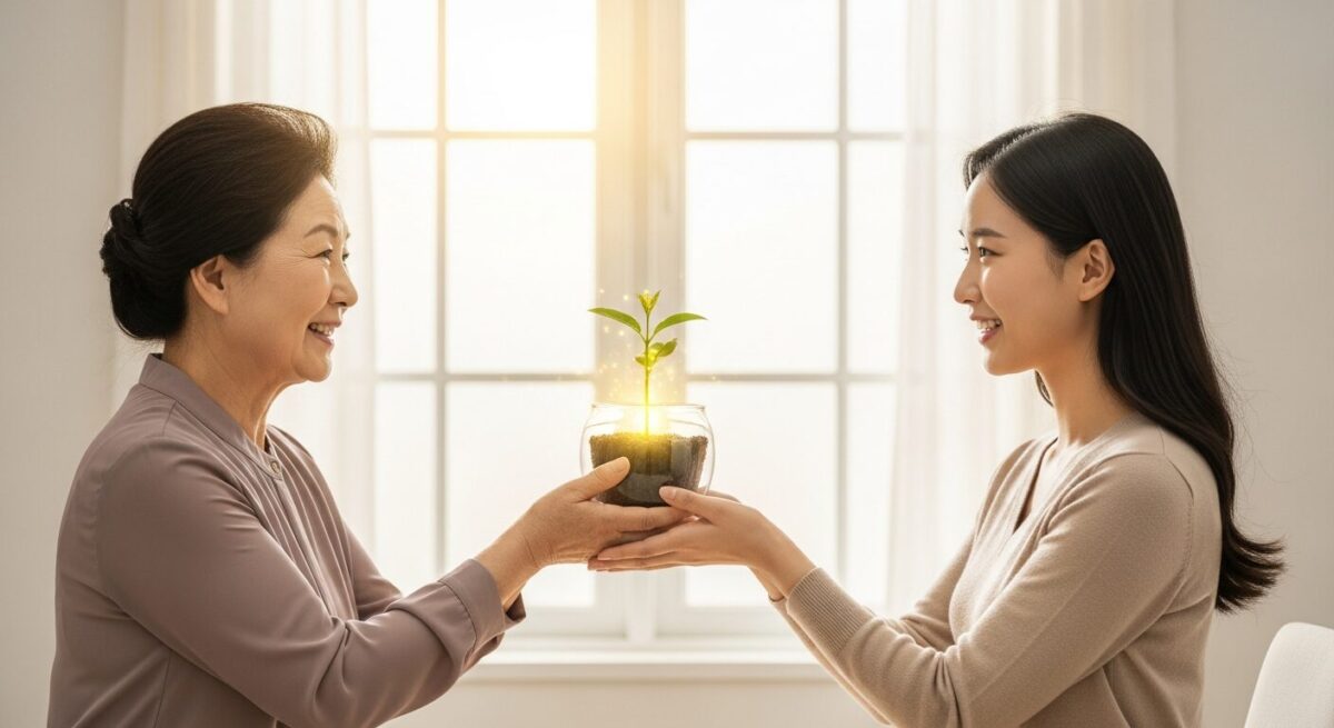 한 할머니가 젊은 손녀에게 새싹이 담긴 화분을 선물하며 손주에게 1억 원을 비과세로 증여하는 따뜻한 미래 계획을 상징하는 모습.