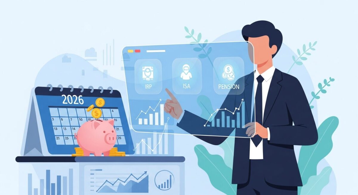 An illustration of a person planning their finances for 2026. They are using a holographic interface that shows a calendar, investment options like IRP and ISA, and charts with positive growth, symbolizing successful year-end tax settlement and savings strategies.