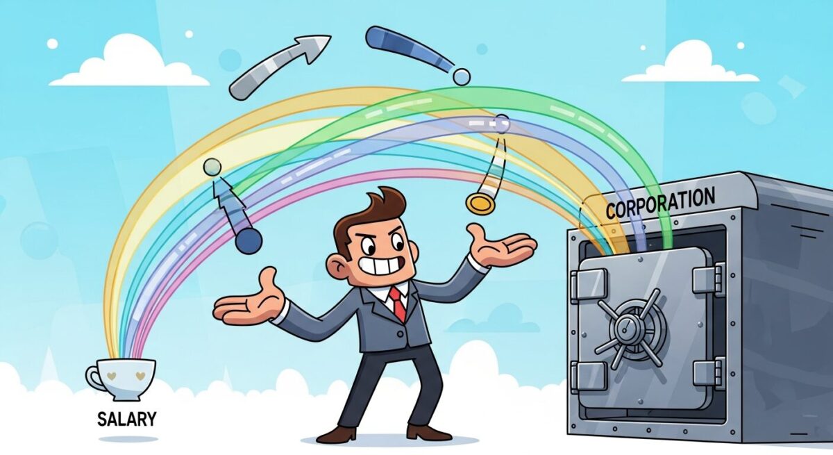 프리랜서 소득을 법인과 개인 급여로 나누어 건보료를 절세하는 방법을 시각적으로 표현한 이미지.