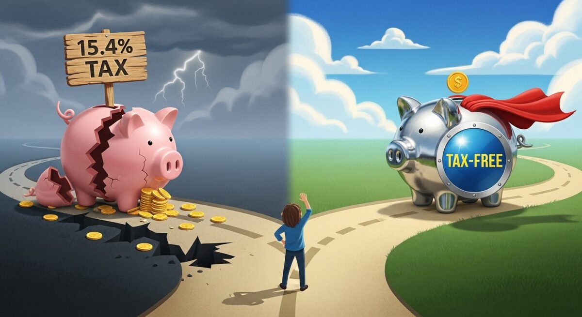 이자소득세 15.4%를 내는 길과 저축보험으로 비과세 혜택을 받는 길을 선택하는 갈림길을 표현한 그림.