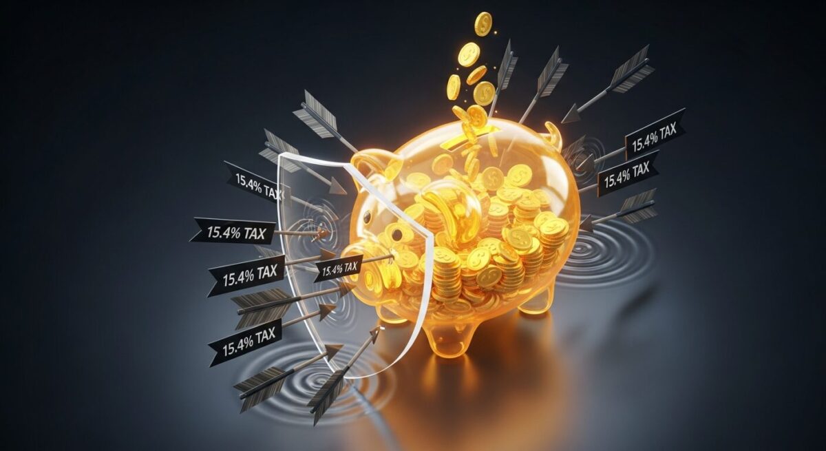 40대 저축보험 비과세 혜택을 상징하는 이미지. 세금(15.4%) 공격을 막아내는 보호막 안에서 돈이 불어나는 돼지 저금통.