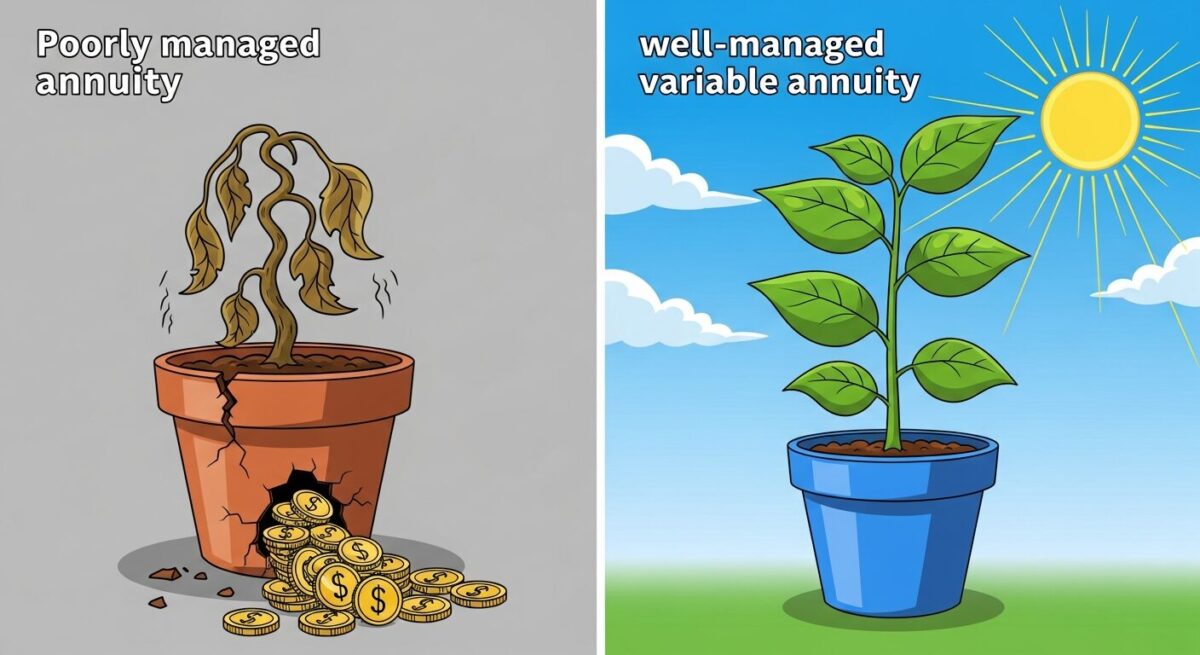 사업비로 원금이 새는 변액연금(왼쪽)과 펀드 변경 및 추가납입으로 성장하는 변액연금(오른쪽)을 비교하는 이미지.