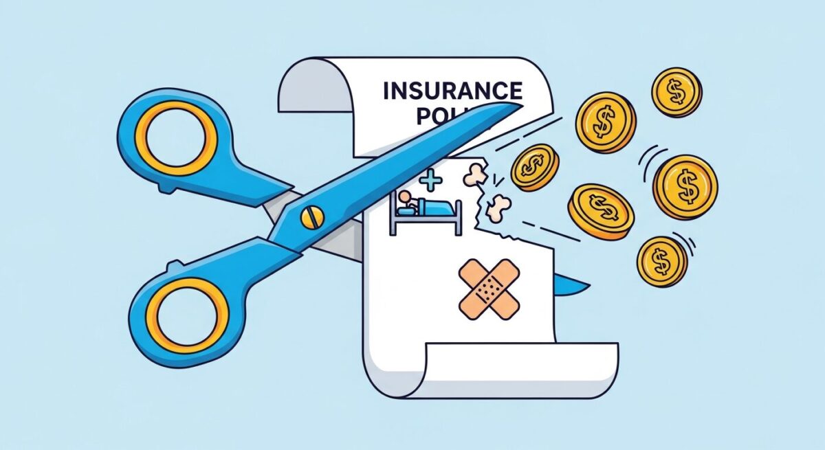 종신보험의 불필요 특약을 해지하여 보험료를 절약하는 개념도. 보험증권에서 입원, 골절 등 불필요한 보장을 가위로 잘라내는 모습.