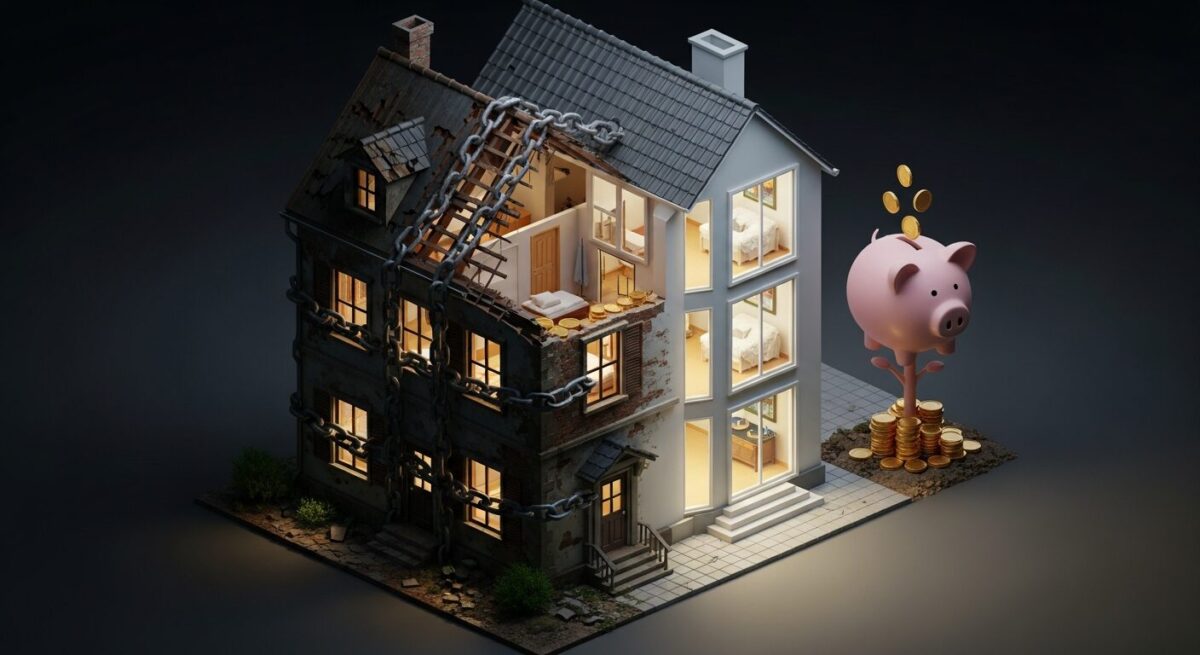 40대 종신보험 리모델링으로 불필요한 보험료를 절감하는 과정을 상징하는 이미지. 낡은 집이 새 집으로 바뀌며 저축이 늘어나는 모습.